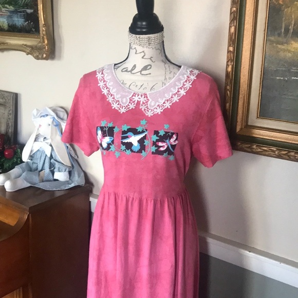 Rare Pink Tie Dye Hummingbird Lace Collar Dress M - Picture 12 of 15